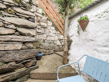 A small outdoor area with stone walls a tree a blue metal bench a potted plant and a hanging basket at Bodlondeb in Tremadog