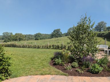 A garden with a flower bed a tree and a bench overlooking a grassy field at Lilac Cottage in Wookey Hole near Wells
