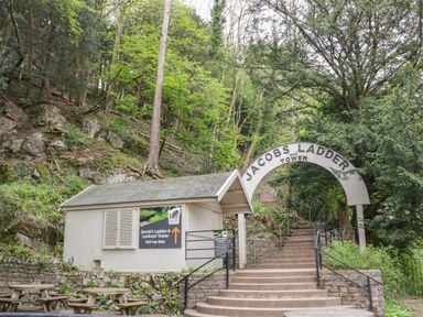 An outdoor stairway next to a building leading to Jacobs Ladder and Tower in a wooded area