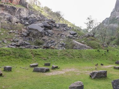 A rocky hillside with scattered stones and goats grazing on grass at Lilac Cottage in Wookey Hole near Wells