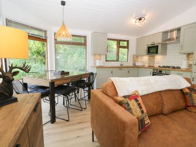 An open plan kitchen and dining area with a brown sofa and a wooden dining table with black chairs at Broad Oak Lodge Applethwaite 7 Limefitt Park near Windermere