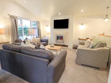 A living room with sofas a coffee table a wall-mounted television and a fireplace at Cherry Tree Lodge Calgarth 37 White Cross Bay near Windermere