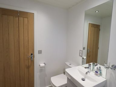 A bathroom with a wooden door a toilet a sink a mirror and hand soap at Cherry Tree Lodge Calgarth 37 White Cross Bay near Windermere