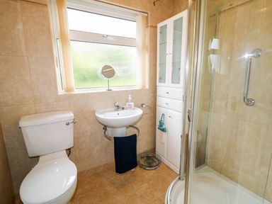 A bathroom with a toilet sink shower and storage cabinet at 27 Pinewood Hill in Warrenpoint Northern Ireland