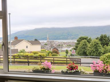 A view of houses shrubs trees and a mountain seen through a window with flower pots outside at 27 Pinewood Hill Warrenpoint Northern Ireland