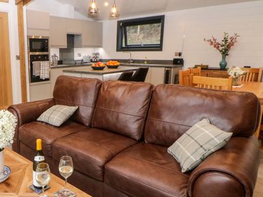 An open plan living area with a brown leather sofa and kitchen with a dining table and chairs at Stables Lodge in Wingerworth