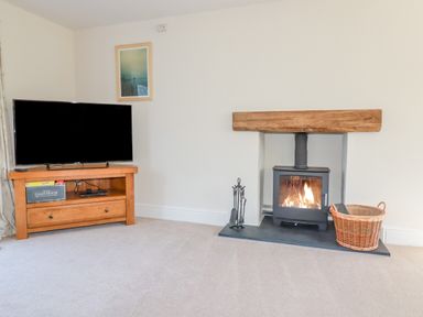 A room with a television on a wooden stand a burning wood stove with a wooden mantel and a wicker basket at Ilgram in St Newlyn East