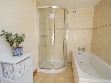 A bathroom with a glass shower enclosure a bathtub and a white unit with a plant on top at Bramblewood Cottage in Crookdake near Bassenthwaite