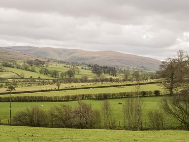 A rural landscape with green fields trees stone fences and distant hills at Bramblewood Cottage in Crookdake near Bassenthwaite