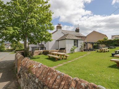 A green outdoor area with picnic tables and a large tree next to a white cottage at Bella Cottage Bolton near Appleby in Westmorland