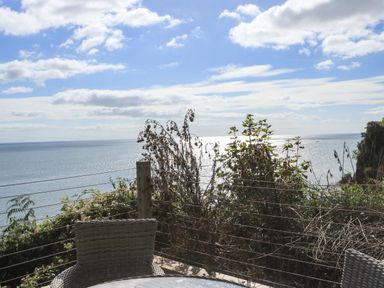 A patio with wicker chairs overlooking the sea with plants and a wire fence at Sail Loft in Dawlish