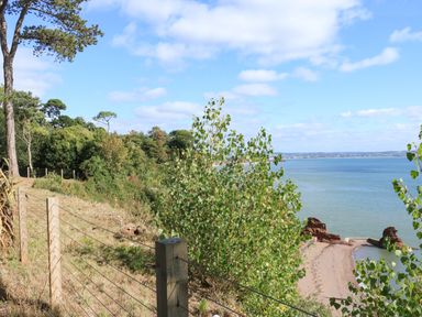 A coastal scene with trees a wire fence and a sandy beach by a body of water at Sail Loft in Dawlish