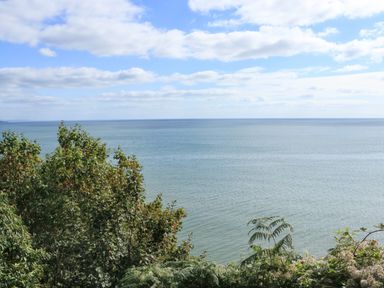 A view of the sea with trees and bushes in the foreground at Sail Loft in Dawlish