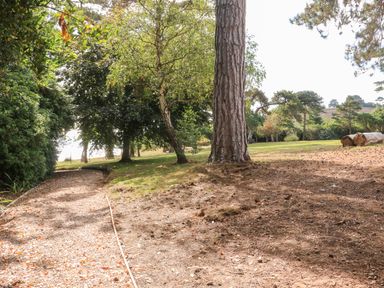 A garden area with a gravel path trees and logs of wood at Sail Loft in Dawlish