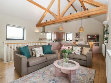 An open plan living room with two brown sofas a pink coffee table and a kitchen area with wooden beams at Sevenwoods View in Longhope