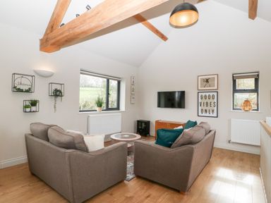 A living room with two sofas and a wall mounted tv at Sevenwoods View in Longhope