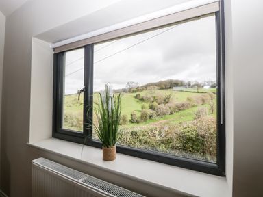 A window with a plant on the windowsill overlooking green hills at Sevenwoods View in Longhope