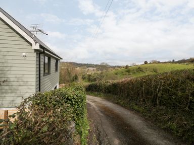 A narrow country road with hedges on both sides near a house with green siding and fields in the background at Sevenwoods View in Longhope