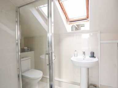A bathroom with a toilet shower and sink under a skylight window at The Summerhouse in Y Felinheli