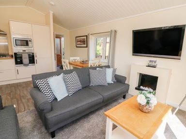 A living room with a gray sofa and patterned cushions a wooden table with flowers a wall-mounted tv and a fireplace at Eden Lodge - Sherwood 21 in South Lakeland Leisure Village