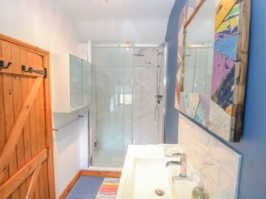 A bathroom with a wooden door a glass shower enclosure a white sink and a colorful framed mirror on a blue wall at The Lodge in Hickling near Catfield