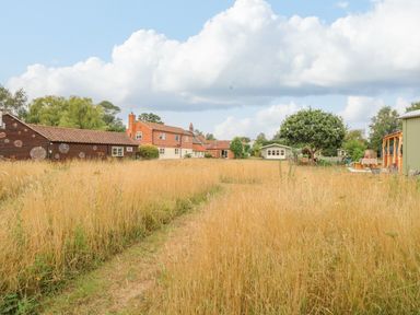 A grassy field with a narrow path leading to houses and trees at The Lodge in Hickling near Catfield
