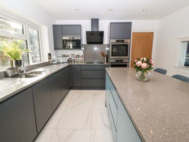 A modern kitchen with dark cabinets an island with a flower vase and stainless steel appliances at Machlud Haul in Llwyngwril