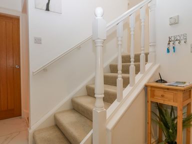 A carpeted staircase with white railing a wooden side table with a plant underneath and keys hanging on the wall at Machlud Haul in Llwyngwril