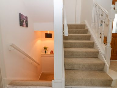 A carpeted staircase leading up and a carpeted staircase leading down with a hanging light and flower vase at Machlud Haul in Llwyngwril