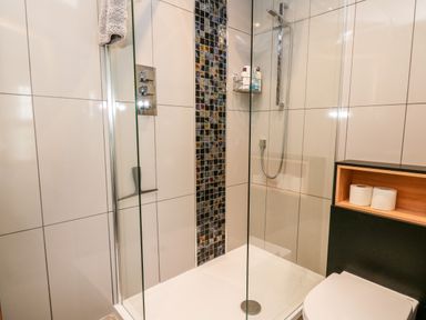 A bathroom with a glass shower enclosure a showerhead and a tiled wall with black square tiles and a shelf with toilet paper rolls at Dolwern in Dinas Cross