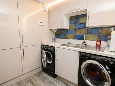 A utility room with a washing machine dryer sink and blue and green tiled backsplash at Dolwern in Dinas Cross