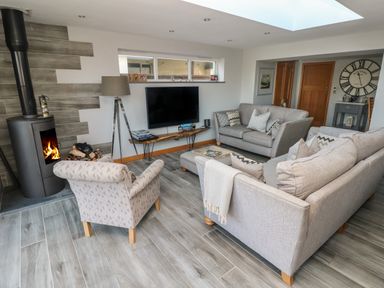 A living room with two sofas an armchair a fireplace and a television at Dolwern in Dinas Cross