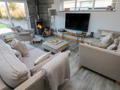 A living room with a sofa armchairs ottoman wood burner and TV at Dolwern in Dinas Cross