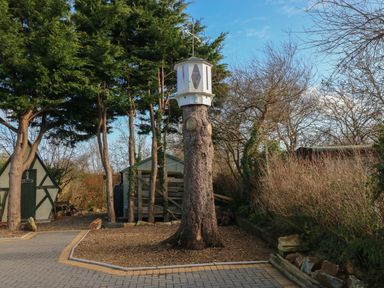 An outdoor area with a tree stump topped by a white lantern and nearby wooden structures at Dolwern in Dinas Cross