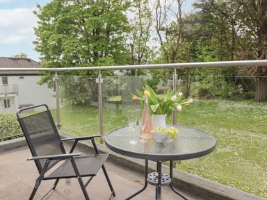 A balcony with a glass table holding flowers grapes a bottle and two glasses and a chair overlooking a lawn with trees at 17 Coedrath Park in Saundersfoot