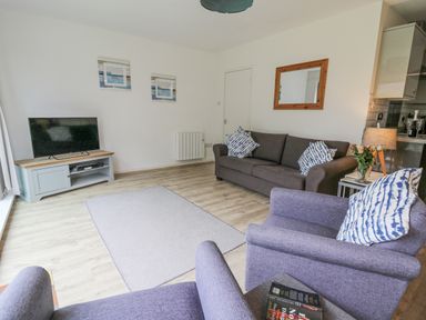 A living room with a television on a stand a gray sofa two armchairs and a rug at 17 Coedrath Park in Saundersfoot
