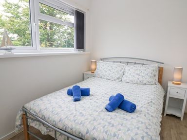 A bedroom with a double bed with patterned sheets and blue towels on the bed two bedside tables with lamps and a window showing trees outside at 17 Coedrath Park in Saundersfoot