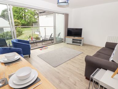 A living room with a dining table set with plates bowls and cutlery a brown sofa blue armchairs a TV on a stand and glass doors leading to a balcony with chairs at 26 Coedrath Park in Saundersfoot