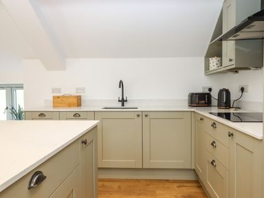 A kitchen with light green cabinets a black faucet a wooden bread box and black toaster and kettle at Bumblebee Cottage East Nynehead near Bradford-On-Tone