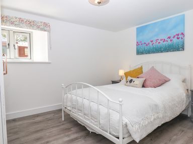 A bedroom with a white metal bed frame a window and a nightstand with a lamp at Bumblebee Cottage in East Nynehead near Bradford-On-Tone