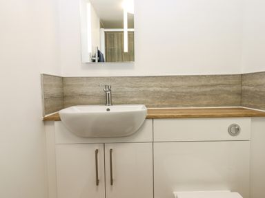 A bathroom sink with a mirror above and a wooden countertop at Bumblebee Cottage in East Nynehead near Bradford-On-Tone