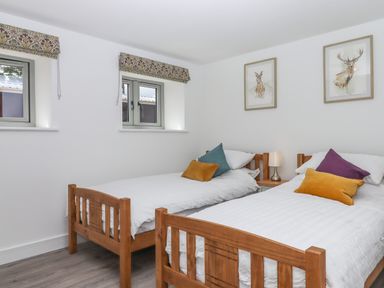 A bedroom with two wooden single beds each with white bedding and colorful cushions and animal prints on the wall at Bumblebee Cottage in East Nynehead near Bradford-On-Tone