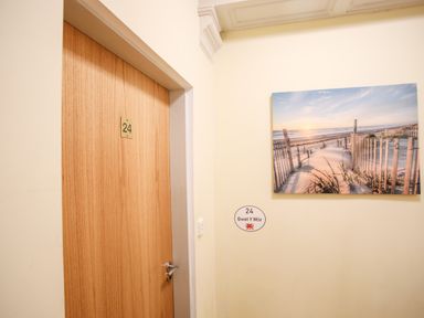 A wooden door with the number 24 and a beach scene photo on the wall at Gwel Y Mor in Pwllheli