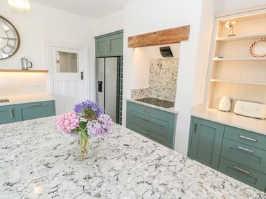 A kitchen with green cabinets a granite countertop a vase of flowers a refrigerator and appliances at Penmarth House in Coverack