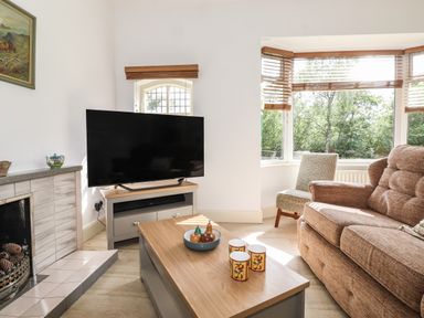 A living room with a television on a stand a coffee table with cups and decorative items a sofa and a chair near a bay window at Halewood in Bowness-On-Windermere
