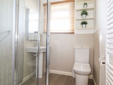 A bathroom with a toilet sink shower and wall shelves with plants at Halewood in Bowness-On-Windermere