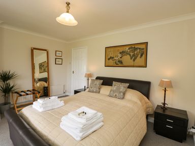 A bedroom with a double bed with beige bedding two bedside tables with lamps a tall mirror and a plant at The River House Avon Valley Stonehenge with fishing Salisbury