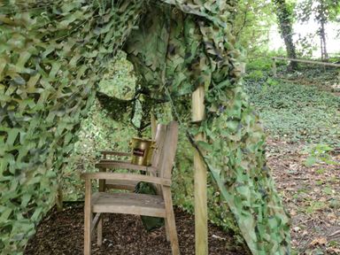 A wooden chair with a metal bucket inside a green camouflage netting shelter in a wooded area at The River House Avon Valley Stonehenge with fishing Salisbury