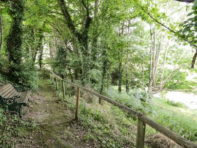 A wooded path with a bench and wooden railing at The River House Avon Valley Stonehenge with fishing Salisbury