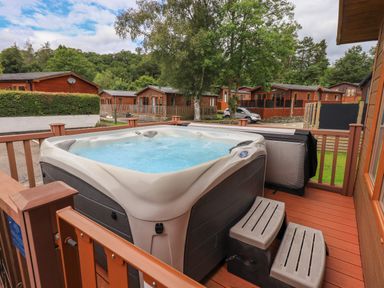 An outdoor hot tub with steps on a wooden deck surrounded by wooden lodges and trees at Black Dog Lodge Thirlmere 3 White Cross Bay near Windermere